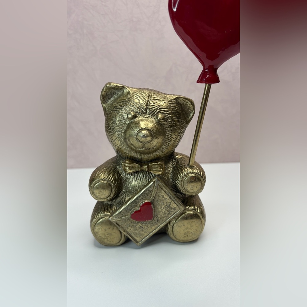 Gold Bear with Red Heart Balloon Figurine - Picture 11 of 13